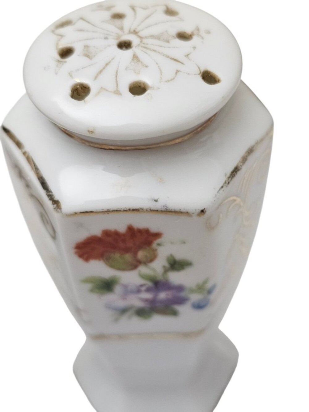 Vintage JAPAN Floral Hexagon CHIKARAMACHI 3.5" Salt Pepper Shakers Gold Scrolls - Picture 3 of 8